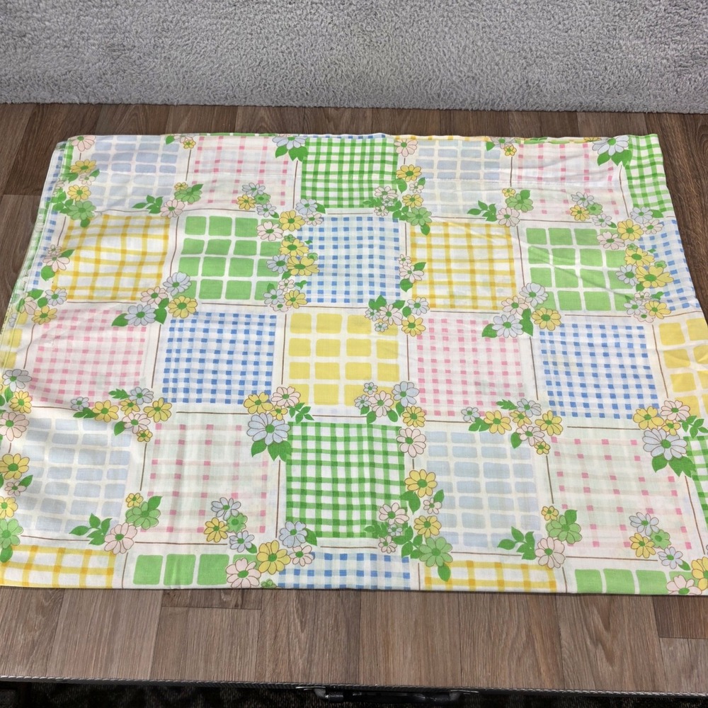 Vintage Cannon Monticello Twin Flat Sheet Pastel Gingham Floral Patchwork Muslin